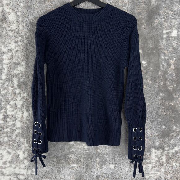 Polo Ralph Lauren Sz S Ribbed Crew Neck Pima Cotton Lace Up Sleeve Sweater Navy - Picture 1 of 8